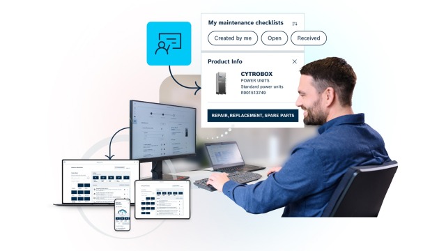The Hydraulic Hub web-app screen shows a feature that allows users to identify hydraulic products with a simple photo scan of the product.