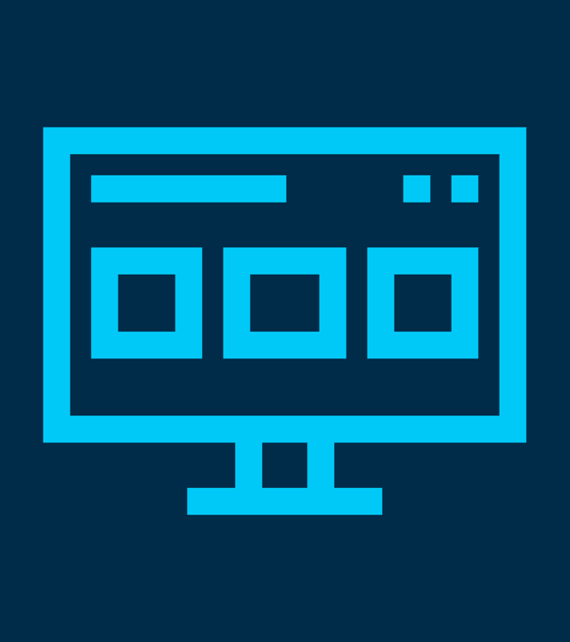Icon with screen showing three squares, a line and two dots, used as a symbol for the life cycle phase of production planning.