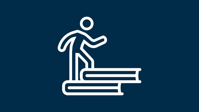 Icon of a person walking up stairs consisting of books