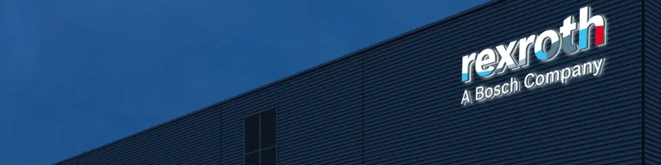 Rexroth logo on a building representing the presence and identity of Bosch Rexroth's executive board.