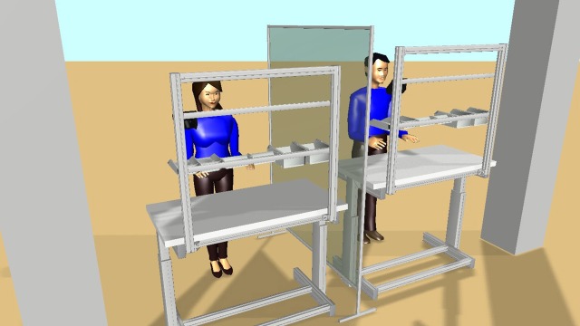 MTpro ManModel – Deux employés travaillant sur un poste de montage séparé par une cloison de protection de Bosch Rexroth