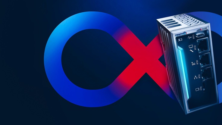 La clave visual de ctrlX AUTOMATION muestra un signo de infinito en rojo y morado, que representa DevOps. Junto a él aparece una imagen del producto crtlX core x3.